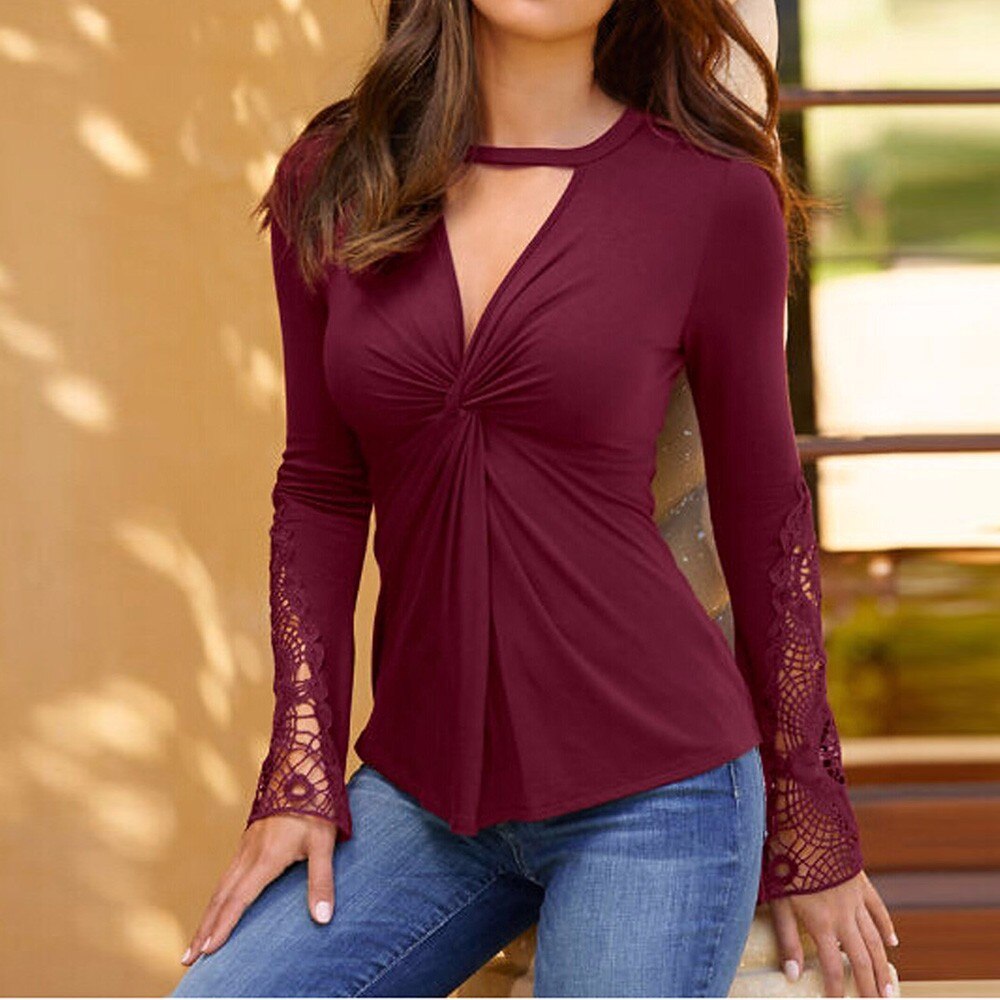 Lace Long Sleeve Casual V-neck