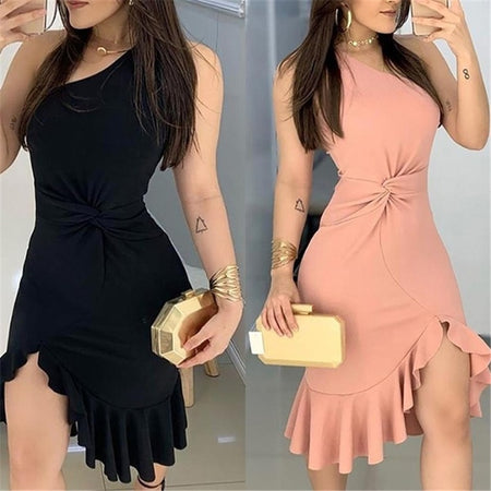 Sleeveless Shoulder Ruffle Hem Twist Slit Dress