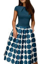 Polka Dot Patchwork Short Sleeve Round Neck Midi Swing Dress