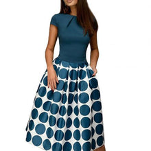 Load image into Gallery viewer, Polka Dot Patchwork Short Sleeve Round Neck Midi Swing Dress
