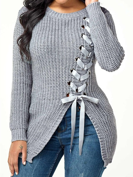 Long Thick Casual Lace-up Sexy Split Sweater With Side Slits
