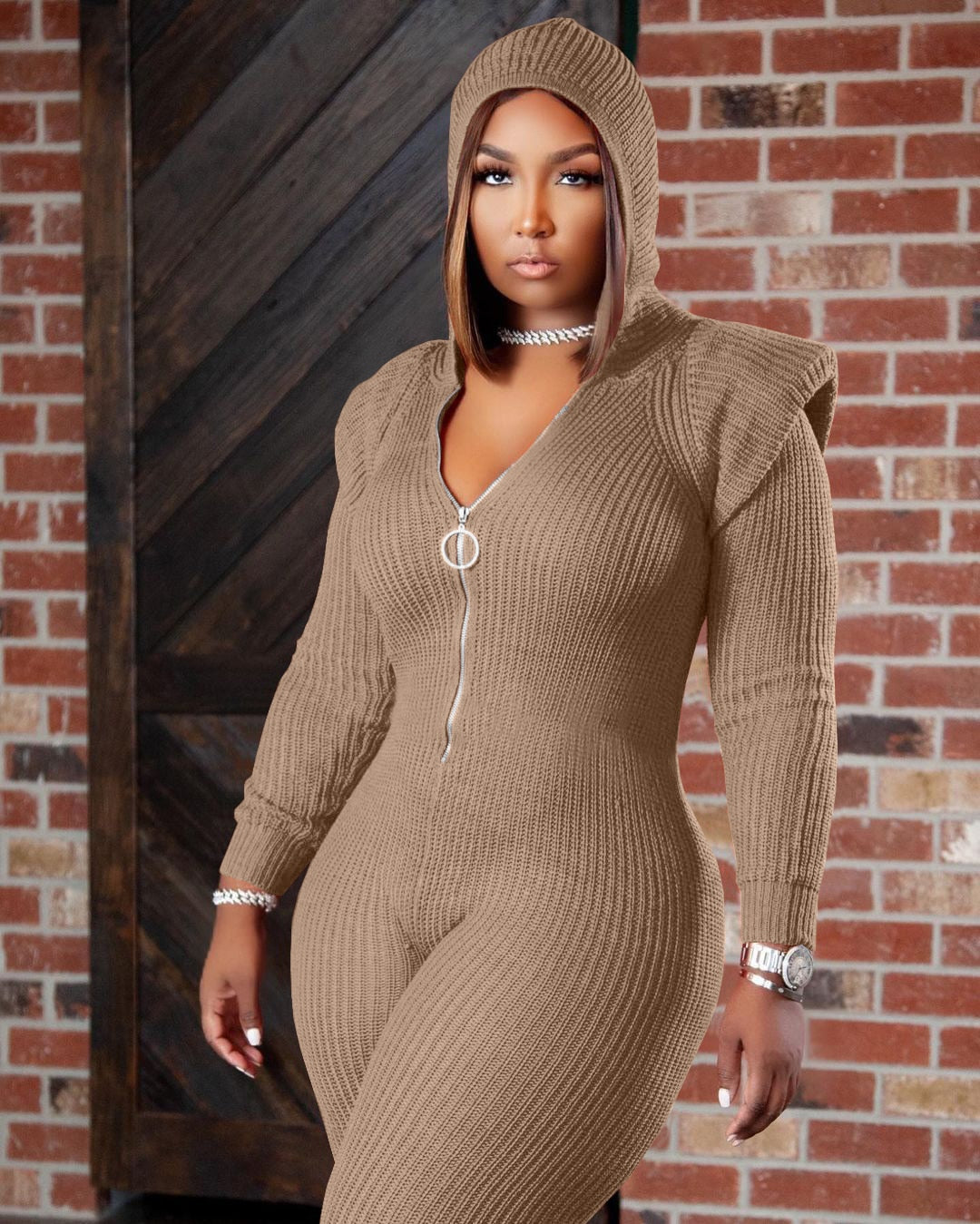 Knitted Hooded Long Sleeve One Piece Overalls