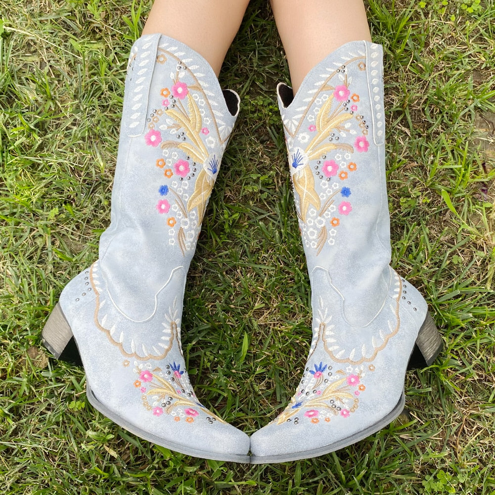 Embroidery Floral Western Cowboy Boots