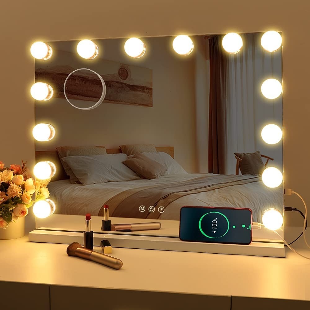 LED Large Makeup Mirror with 14 Dimmable Bulbs Hollywood Lighting and Charging Ports