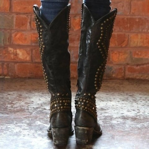 Chunky Heel Rivet Pointed Toe Western Boots