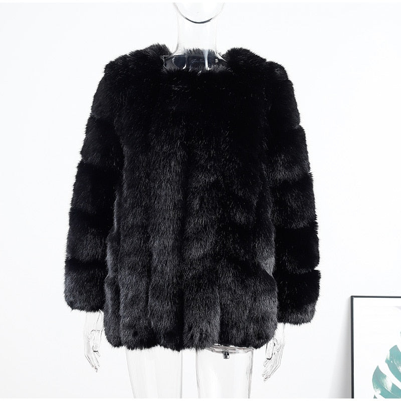 Elegant Windproof Thick Faux Fox Fur Long Coat