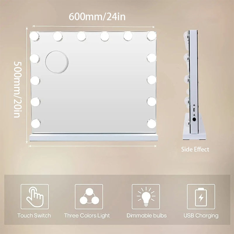LED Large Makeup Mirror with 14 Dimmable Bulbs Hollywood Lighting and Charging Ports