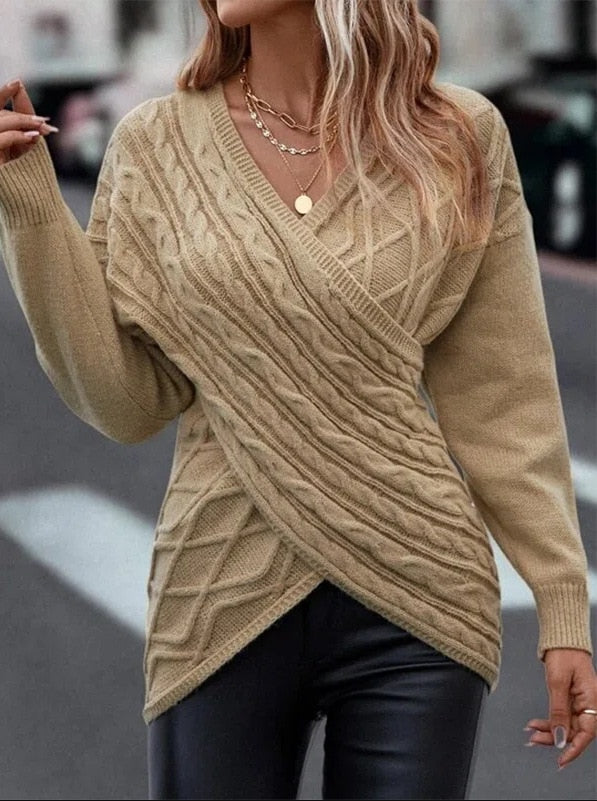 V-neck Knitted Off Shoulder Cross Pullover
