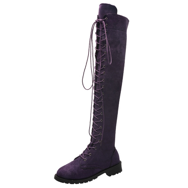 Cross Strap Suede Leather Knee High Boots