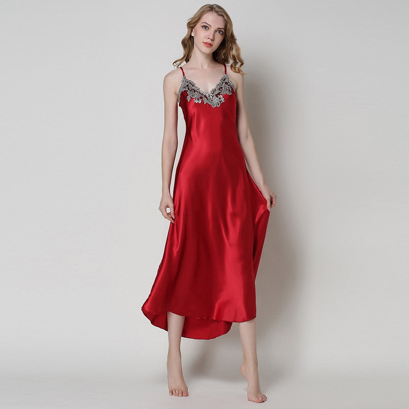 Long Chemise Lace Satin Nightgown