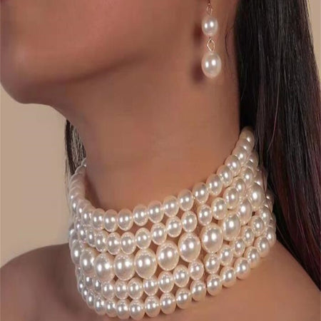 Multi-layer imitation pearl beaded short necklace earring set