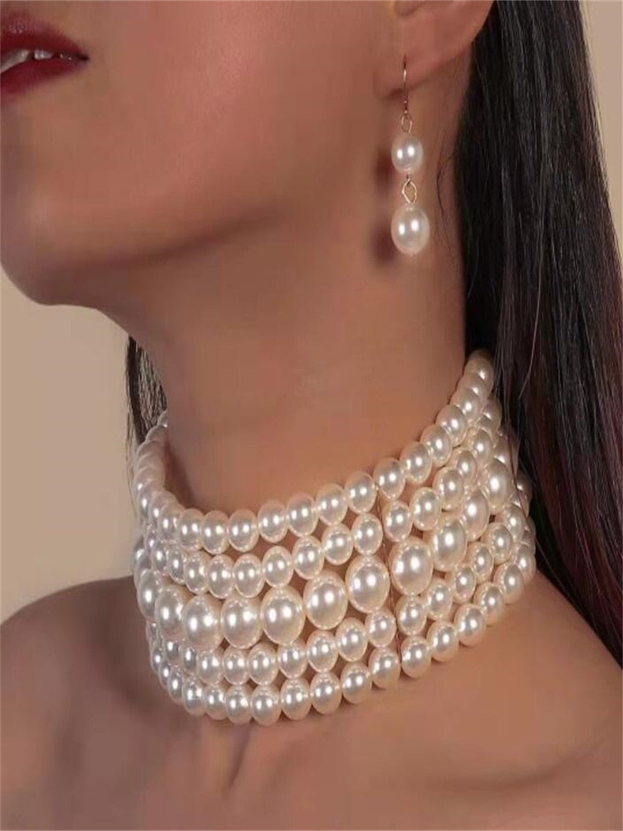 Multi-layer imitation pearl beaded short necklace earring set