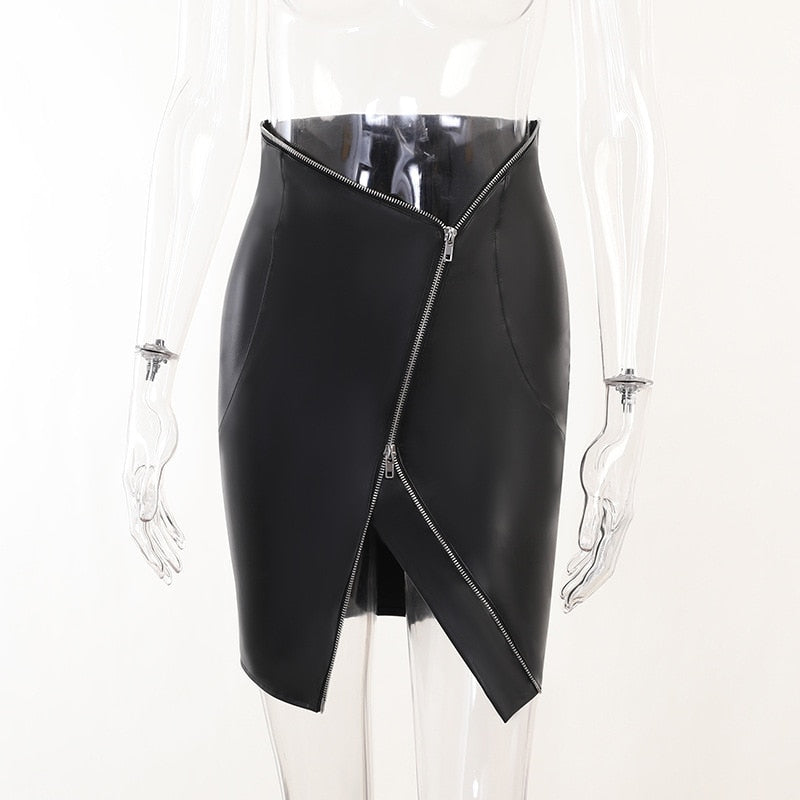 Irregular Faux Leather High Waist A-Line Zipper Skirt