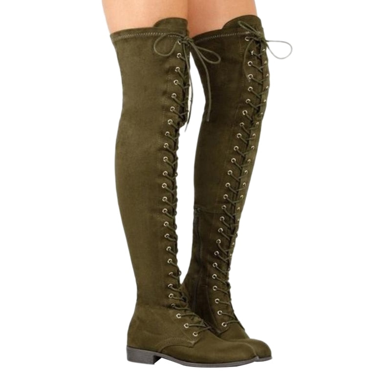 Cross Strap Suede Leather Knee High Boots