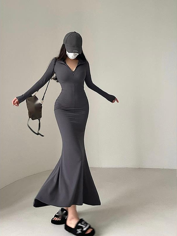 Zipper Lapel Slim V Neck Fishtail Dress