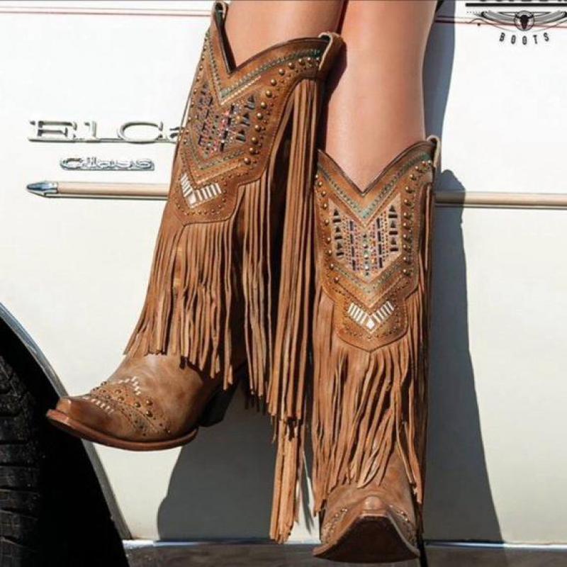 Square Heel Square Toe Slip-On Retro Mid-Calf Boots