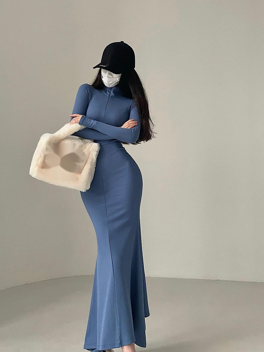 Zipper Lapel Slim V Neck Fishtail Dress
