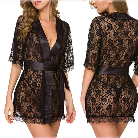 Lace See-through Nightgown With a Deep V-neck