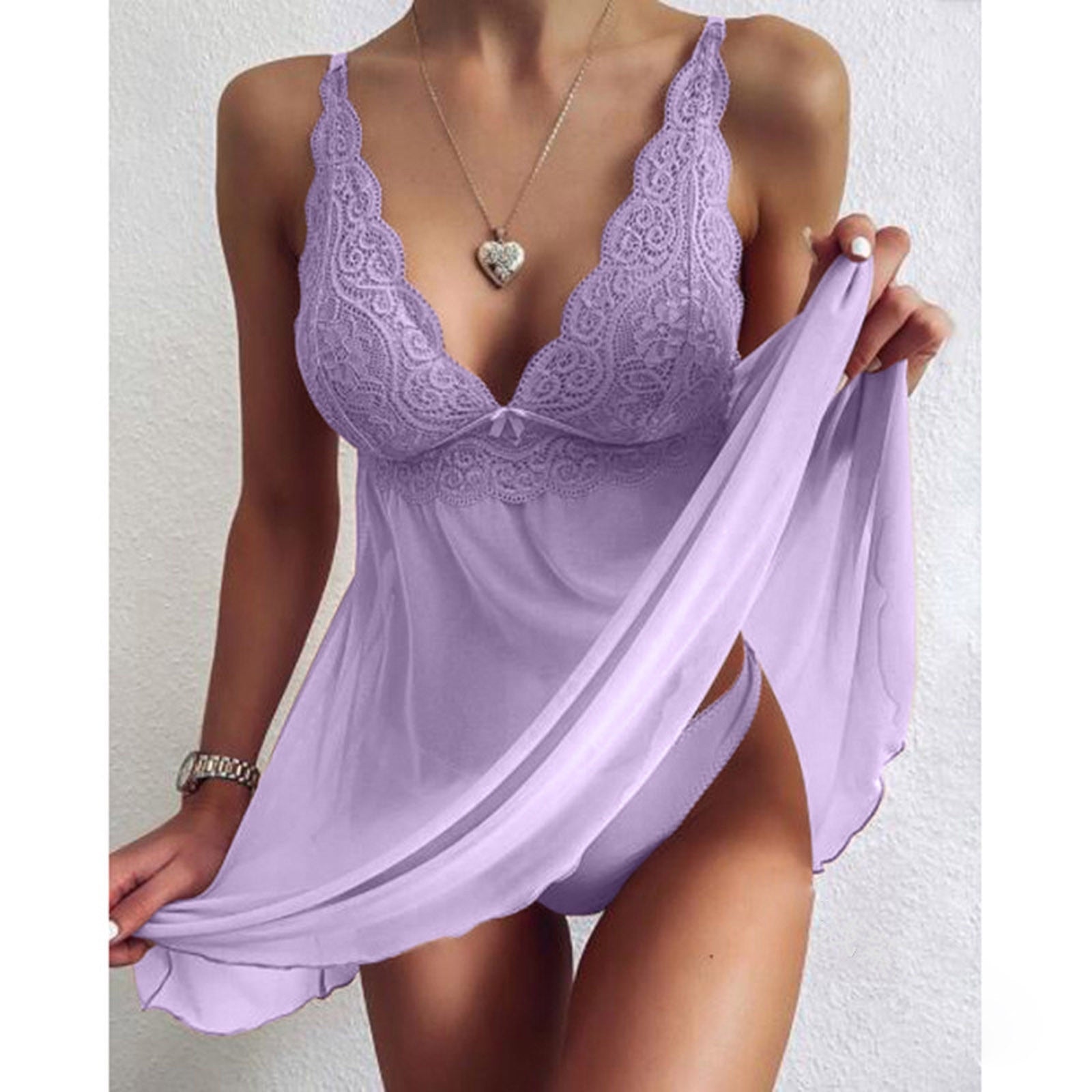 Lace Floral V-neck Strap Night Dress With Thong
