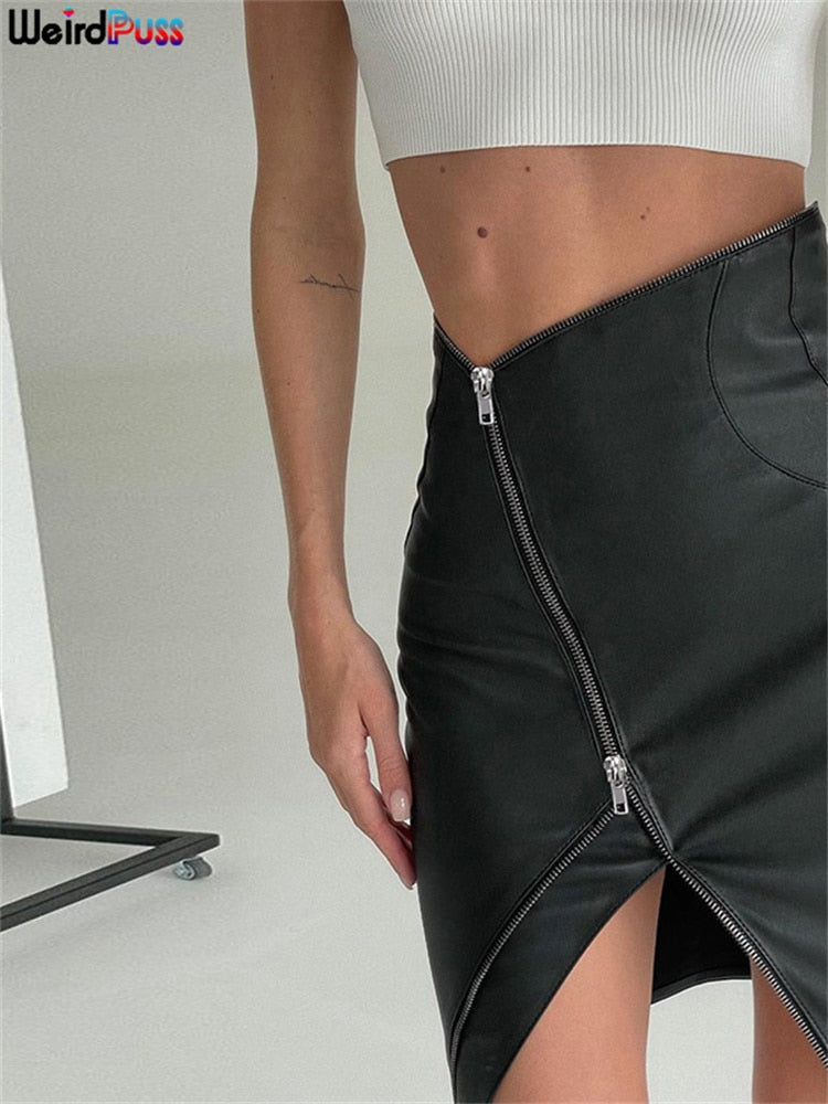 Irregular Faux Leather High Waist A-Line Zipper Skirt