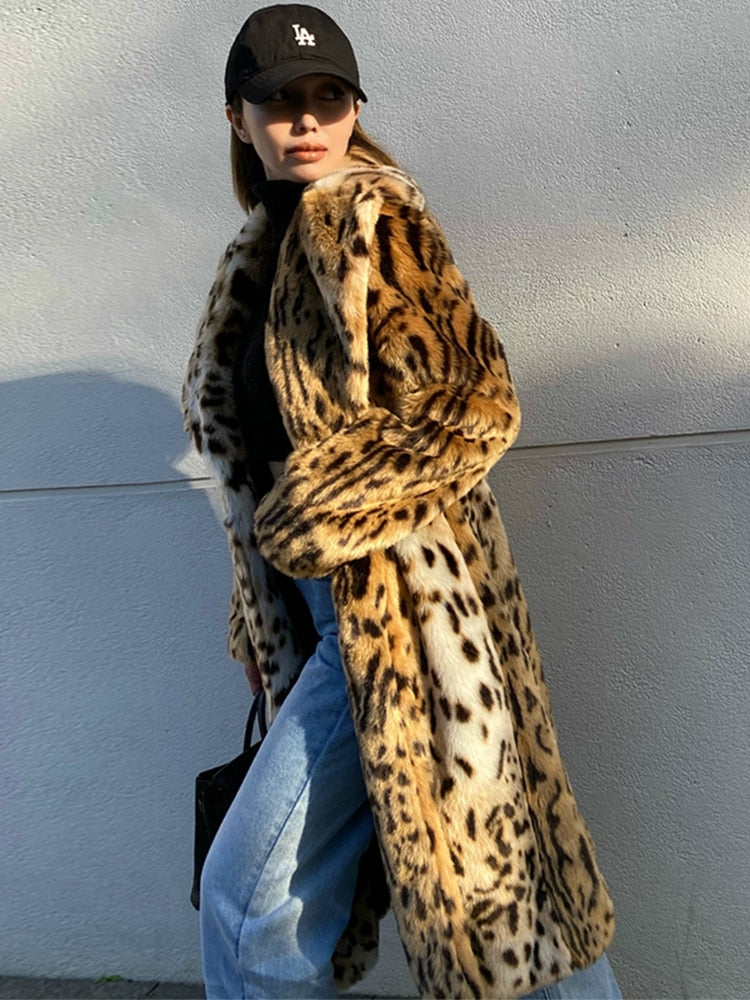 Long Thick Fluffy Faux Fur Tiger Print Coat