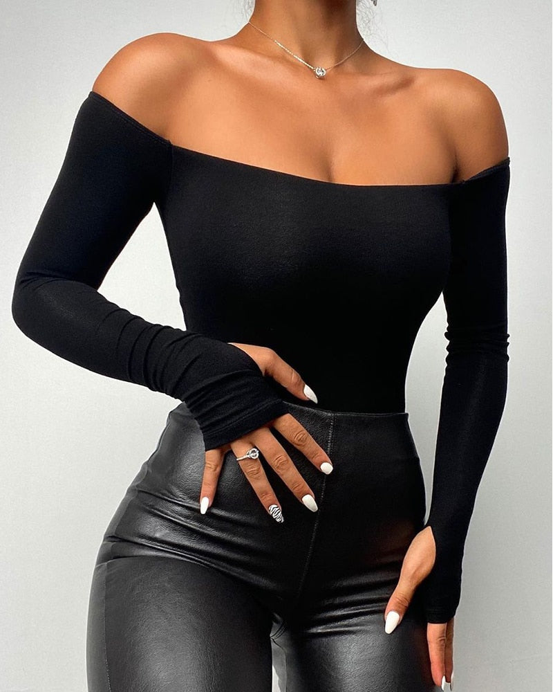 Black Elegant Cold Shoulder Long Sleeve Casual Top