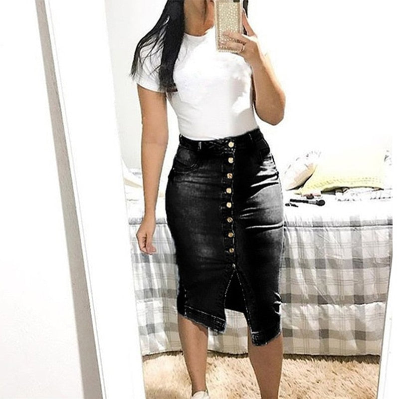 Midi Pencil High Waist Denim Button Skirt