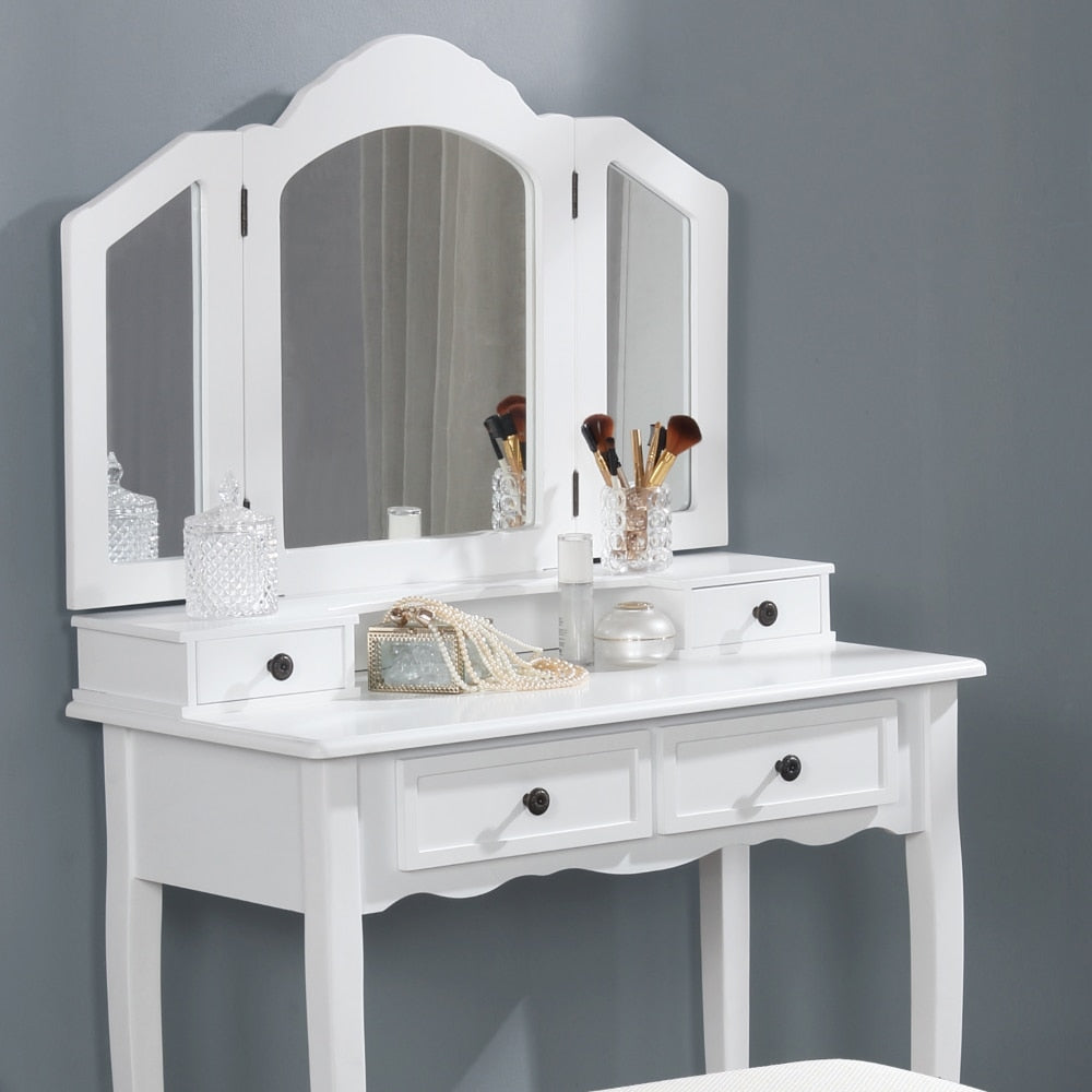 Wooden Vanity Make Up Table and Stool Set With Table Mirrors