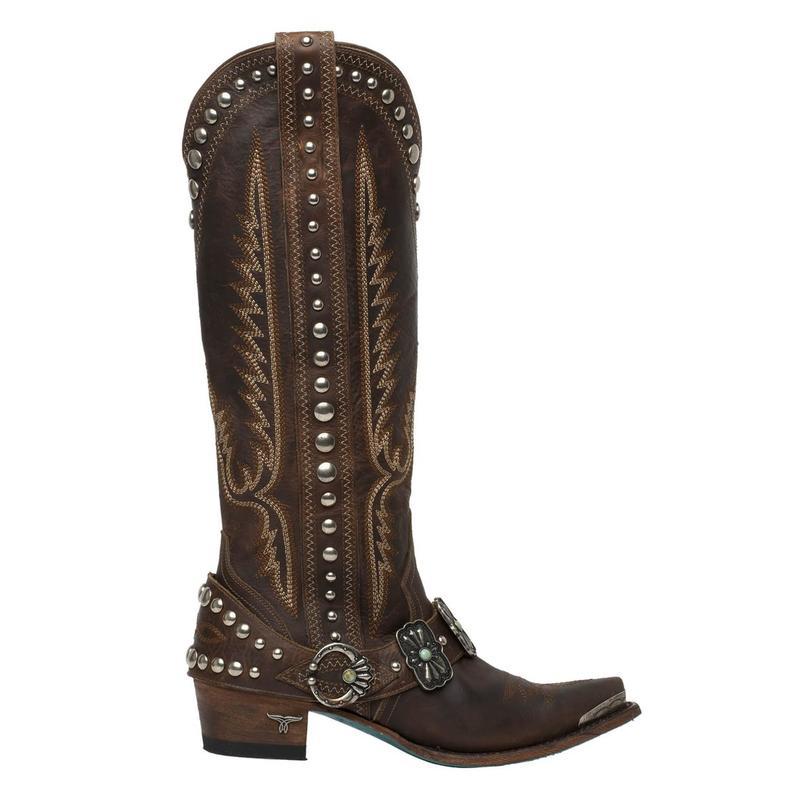 Thick Heel Metal Belt Buckle Rivet Embroidery Western Boots