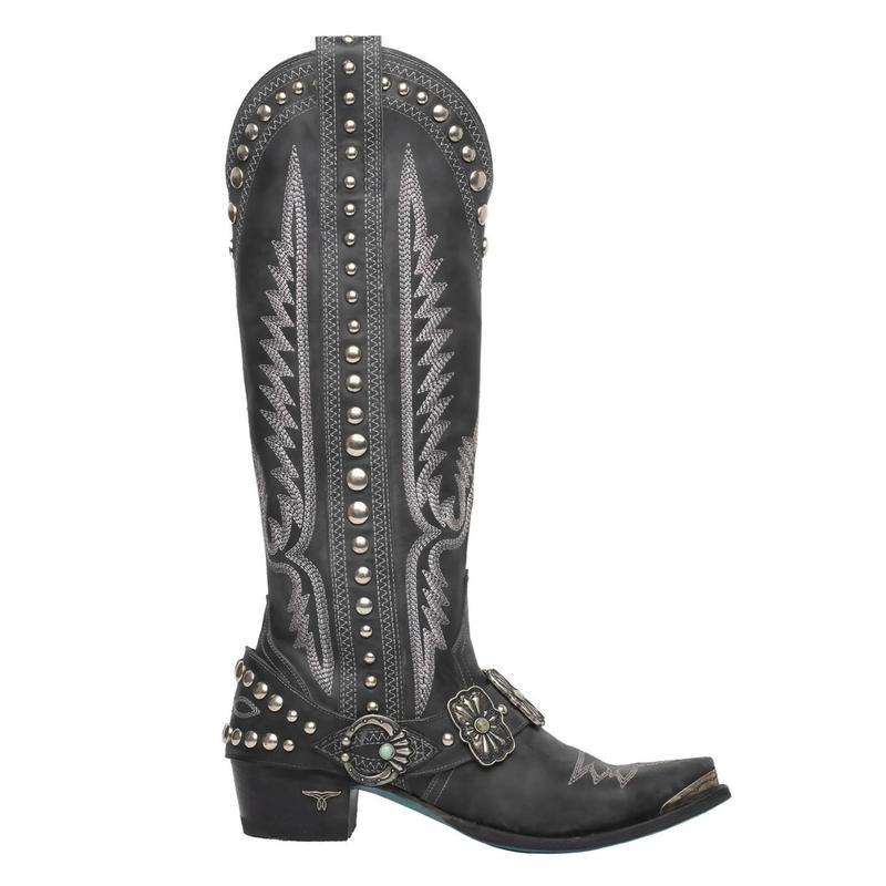 Thick Heel Metal Belt Buckle Rivet Embroidery Western Boots