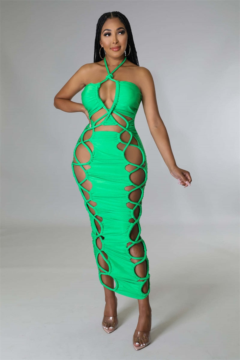 Hollow Out Lace Up Sleeveless Dresses