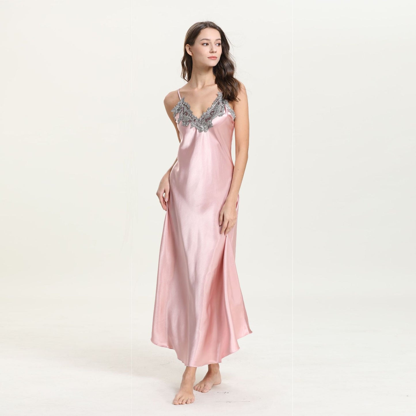 Long Chemise Lace Satin Nightgown
