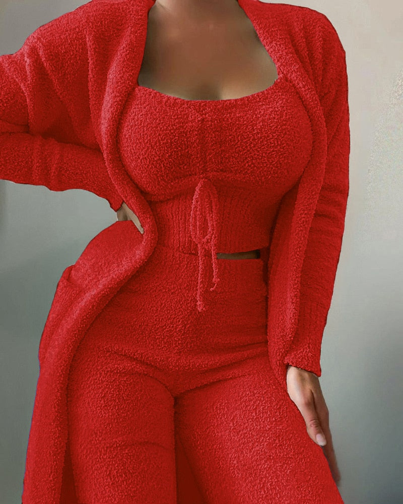 Warm Soft Fleece 3 Pieces Crop Top+Long Pants+Coat