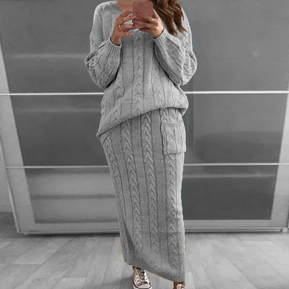 Warm Knitted 2 Piece Pullover Sweater Set