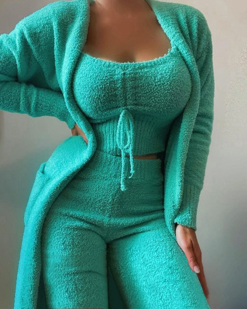 Warm Soft Fleece 3 Pieces Crop Top+Long Pants+Coat