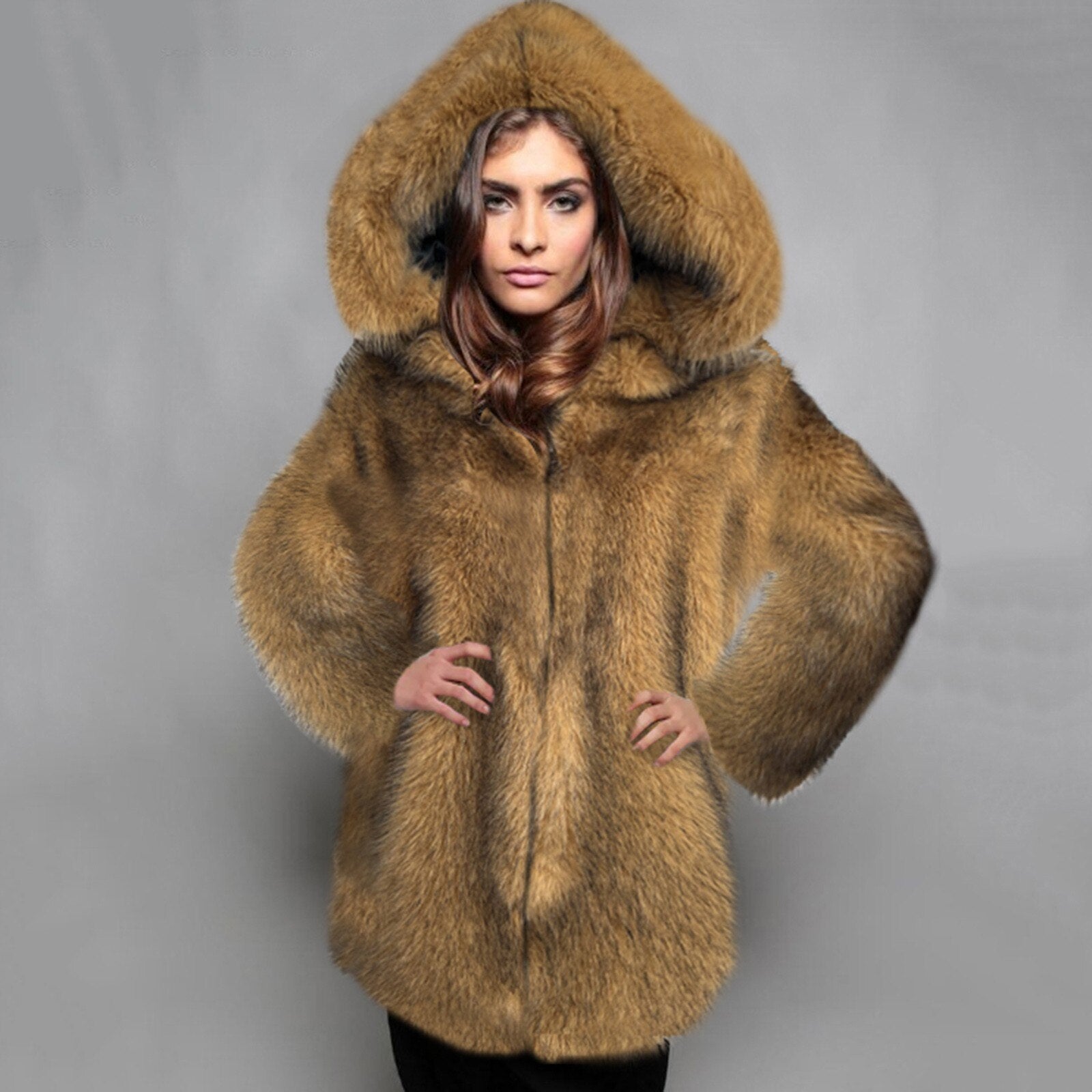 Hooded High Quality Faux Fur Top Coat
