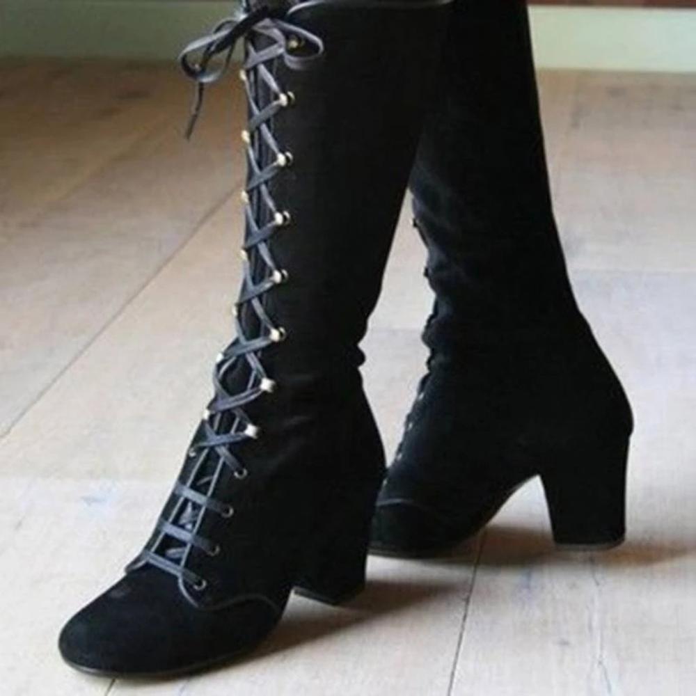 Mid-Calf Lace Up Thick Heels Boots