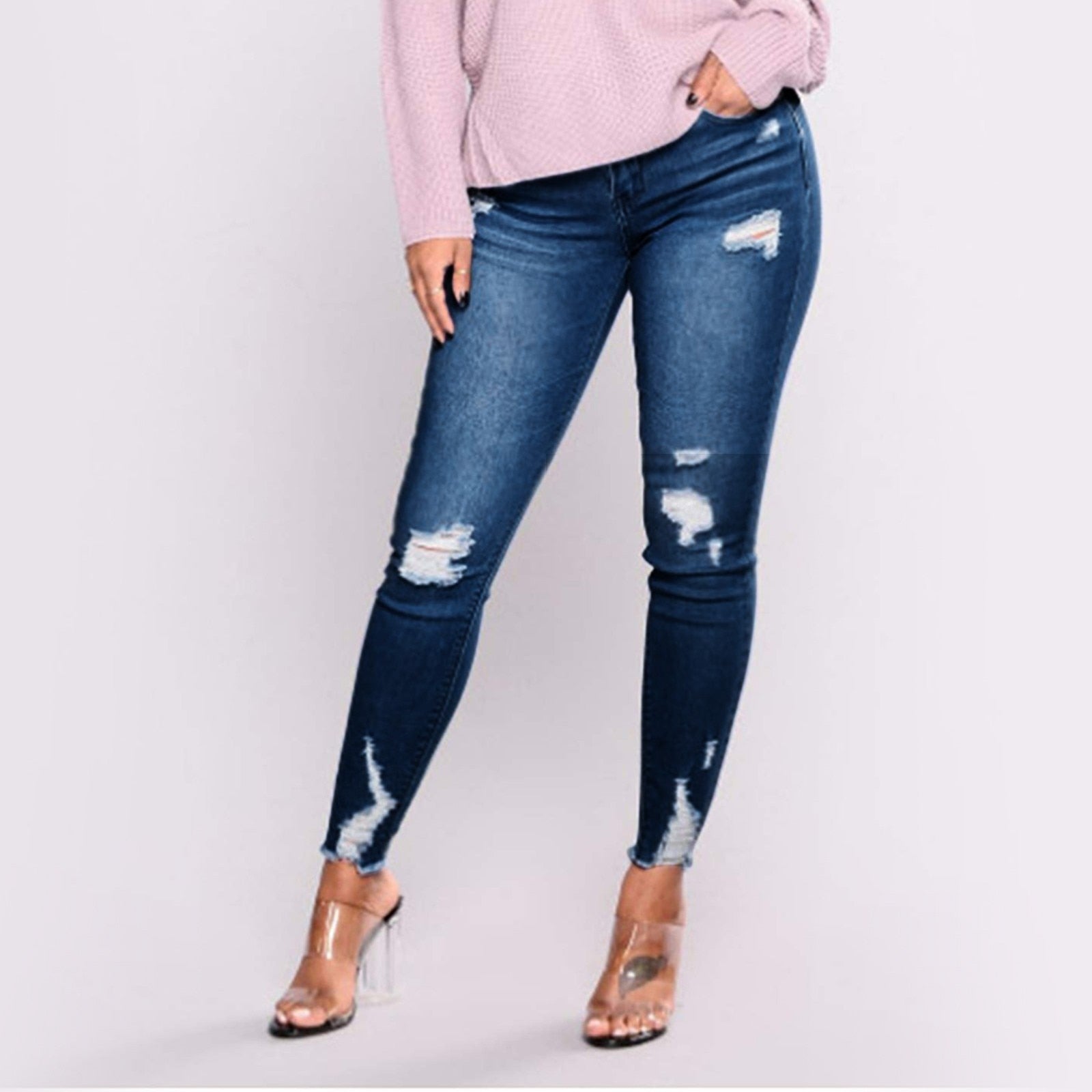 Women's Butt Lifting Skinny Denim Jeans High Waist Pencil Jean Stretchy Distressed Slim Trousers Destroyed Ripped Jean Oversized