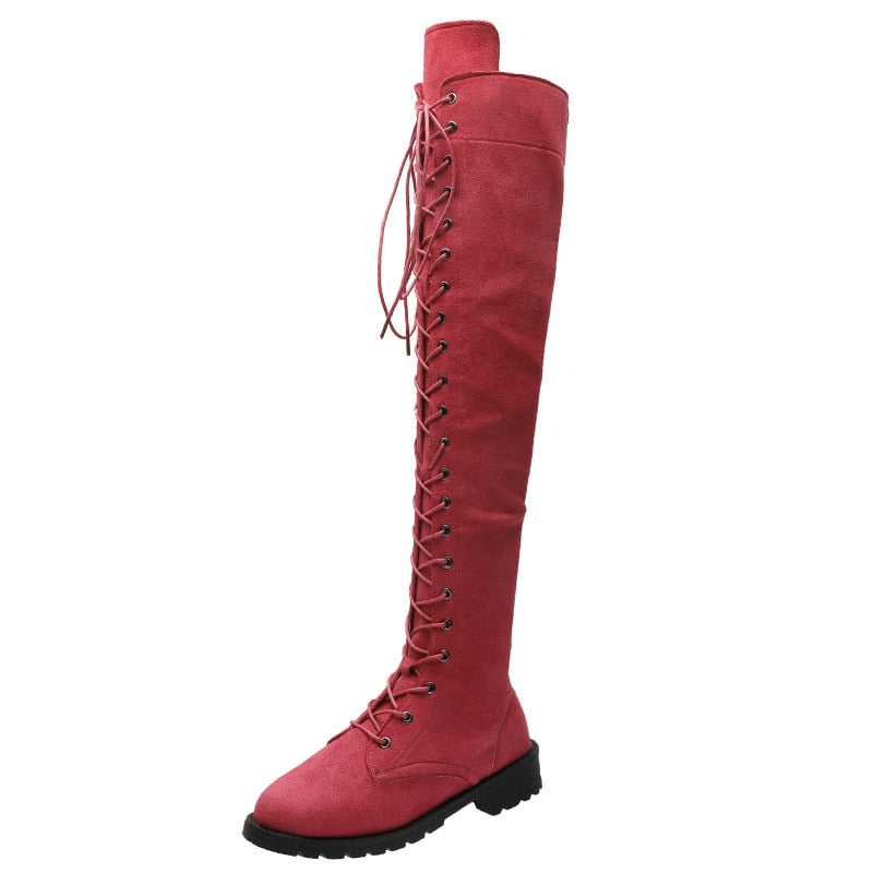 Cross Strap Suede Leather Knee High Boots