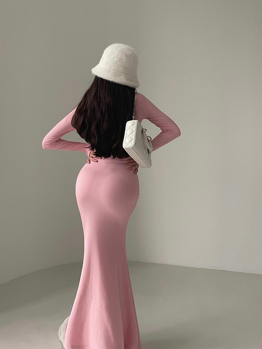 Zipper Lapel Slim V Neck Fishtail Dress