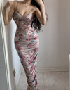 Low Cut Sexy Pleated Printing Floral Long Dress