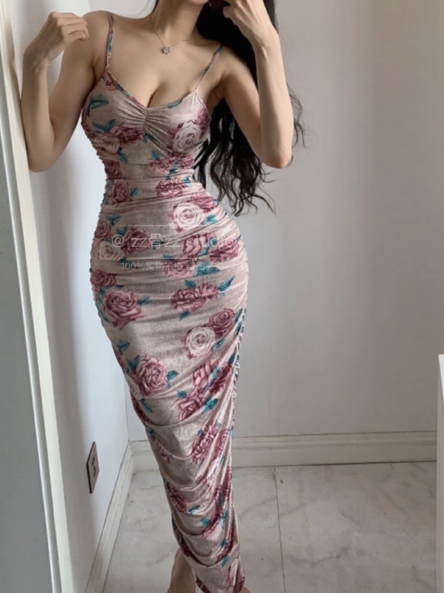 Low Cut Sexy Pleated Printing Floral Long Dress
