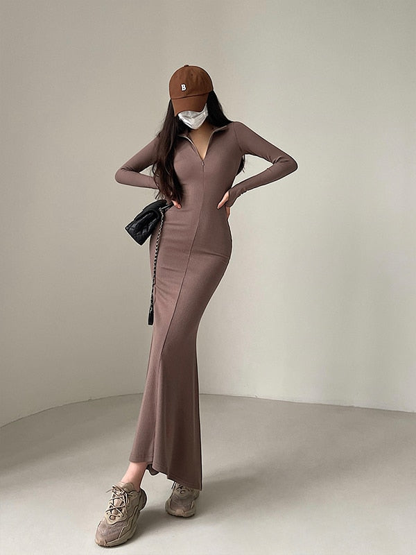 Zipper Lapel Slim V Neck Fishtail Dress