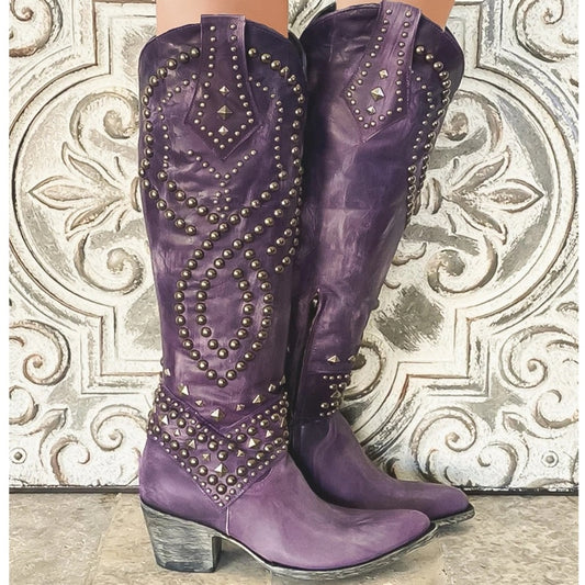 Chunky Heel Rivet Pointed Toe Western Boots