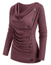 Cowl Neck Mock Button Long Sleeve Marled Top
