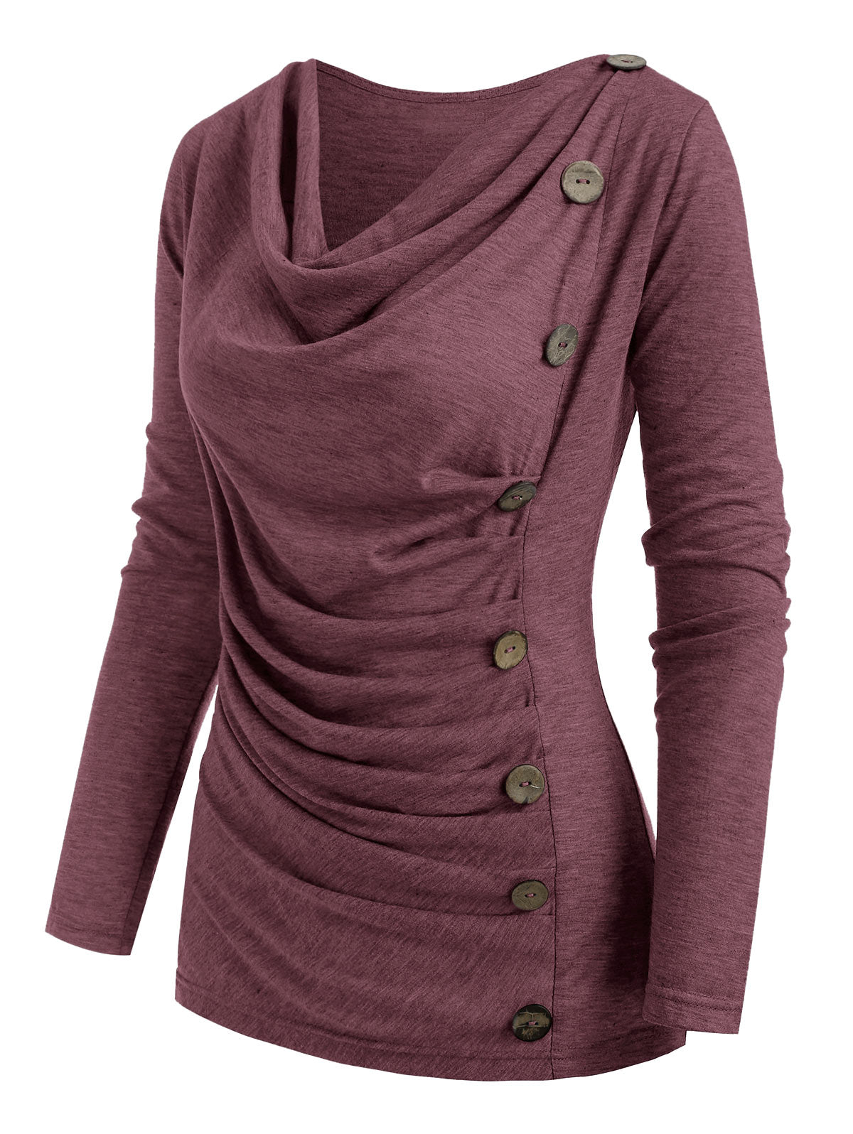 Cowl Neck Mock Button Long Sleeve Marled Top
