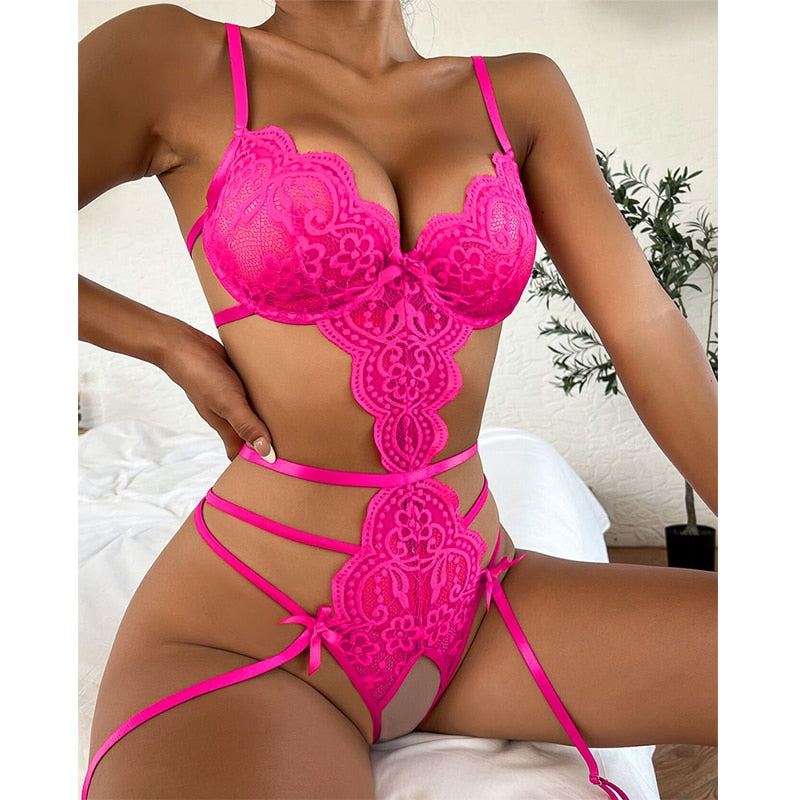 Crotch less Floral Lace Underwear Erotic Set