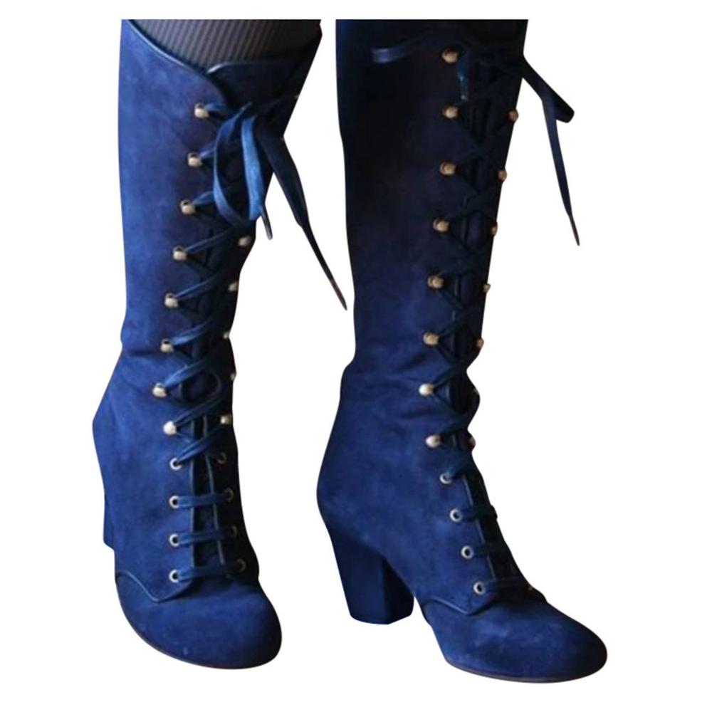 Mid-Calf Lace Up Thick Heels Boots