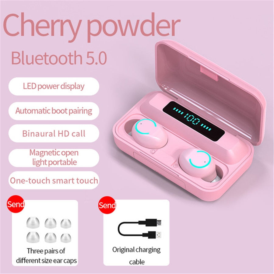 F9 TWS Bluetooth 5.0 Wireless Earphone Pink 2200mAh Charging Box
