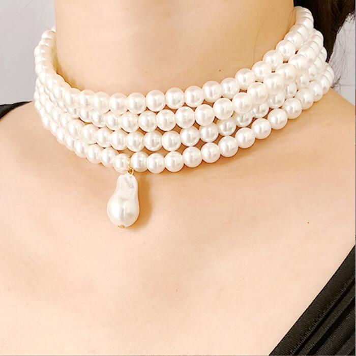 Multi-layer imitation pearl beaded short necklace earring set
